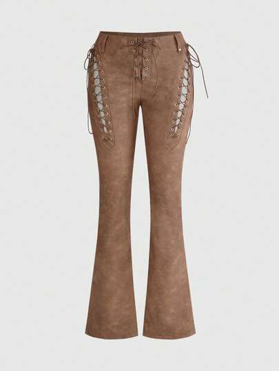 ROMWE Fairycore Sexy Siren Brown PU Skinny Lace-Up Women Pants