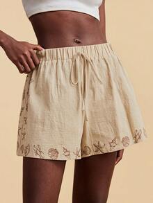 Travachic 女士系带腰带休闲海洋印花度假短裤 - 杏色 - 查看 4