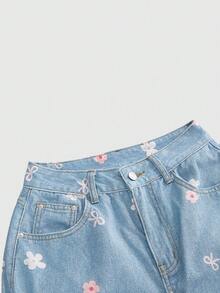 Sweetness 女士休闲甜美碎花蓝色牛仔裤 - 藍色 - 查看 5