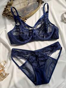 2pcs Elegant Lace Hollow-Out Lingerie Set - Navy Blue - View 6
