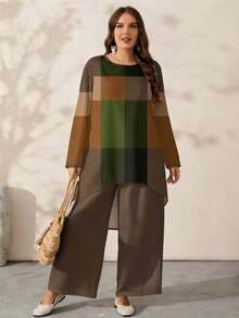 Rusticease Textured Color Block Print Plus Size Women Elegant Casual Loose Long Sleeve Top And Pants Two Pieces Set, Suitable For Spring/Summer - Multicolor - View 8