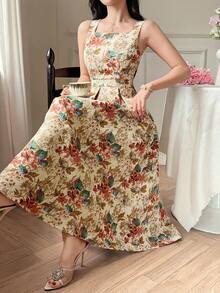 DAZY 女士优雅印花无袖连衣裙，方领设计，夏季 - 杏色 - 查看 8