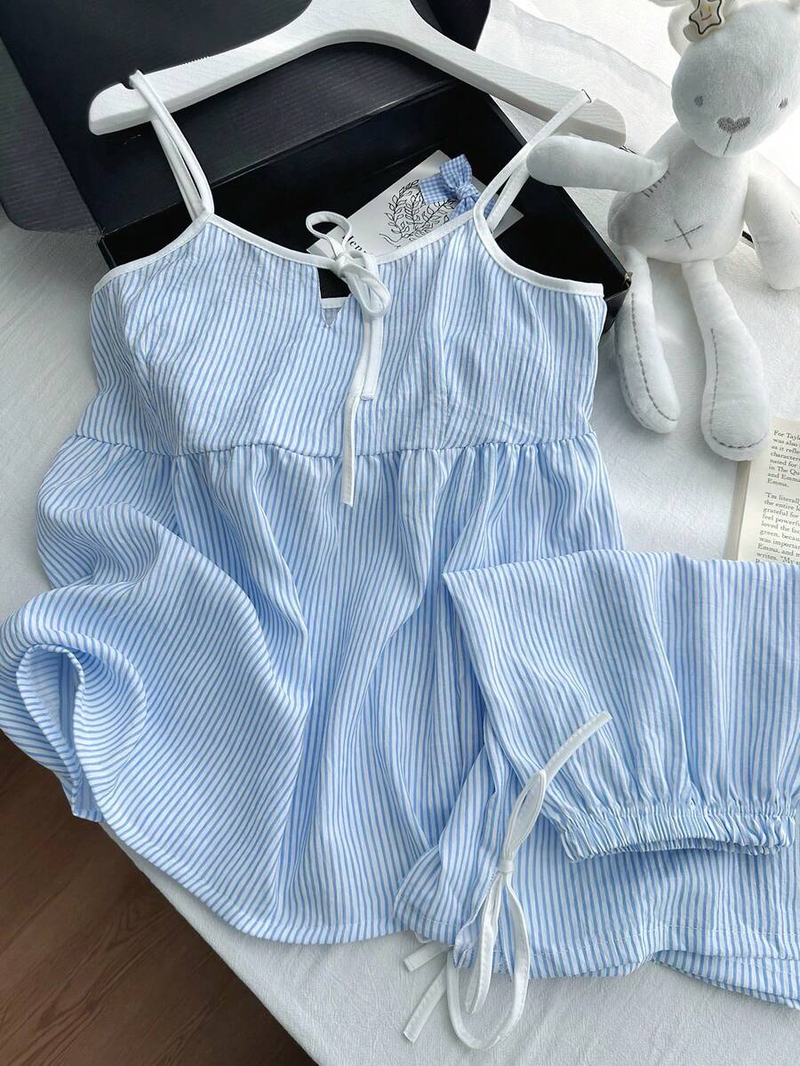 Resyla Conjunto de duas peças feminino, estilo coreano, com blusa de alcinha listrada em azul e branco, modelagem solta e moderna, perfeita para o verão. - Azul - Ver 1