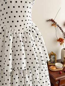 Vintamour 复古经典优雅女士连衣裙，春夏修身露背系带蝴蝶结波点蛋糕裙 - 黑與白 - 查看 5