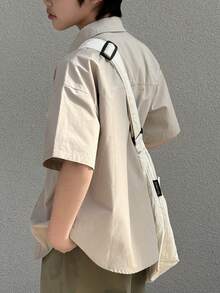 DAZY Camicia casual monopetto a maniche corte con taschino, tinta unita, per ragazzo pre-adolescente - Grigio - Visualizzare 7