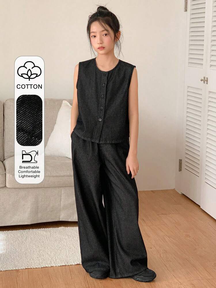 2pcs/Set Tween Girls Crew Neck Sleeveless Denim Top And Denim Pants Outfit, Fall Summer