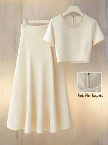 Franclia 2 Stücke/Set Französischer eleganter 3D-Perlen Kurzarm-Top und geschichteter Rock Set, Beige, Sommer Damen Outfit - Beige - Übersicht 1
