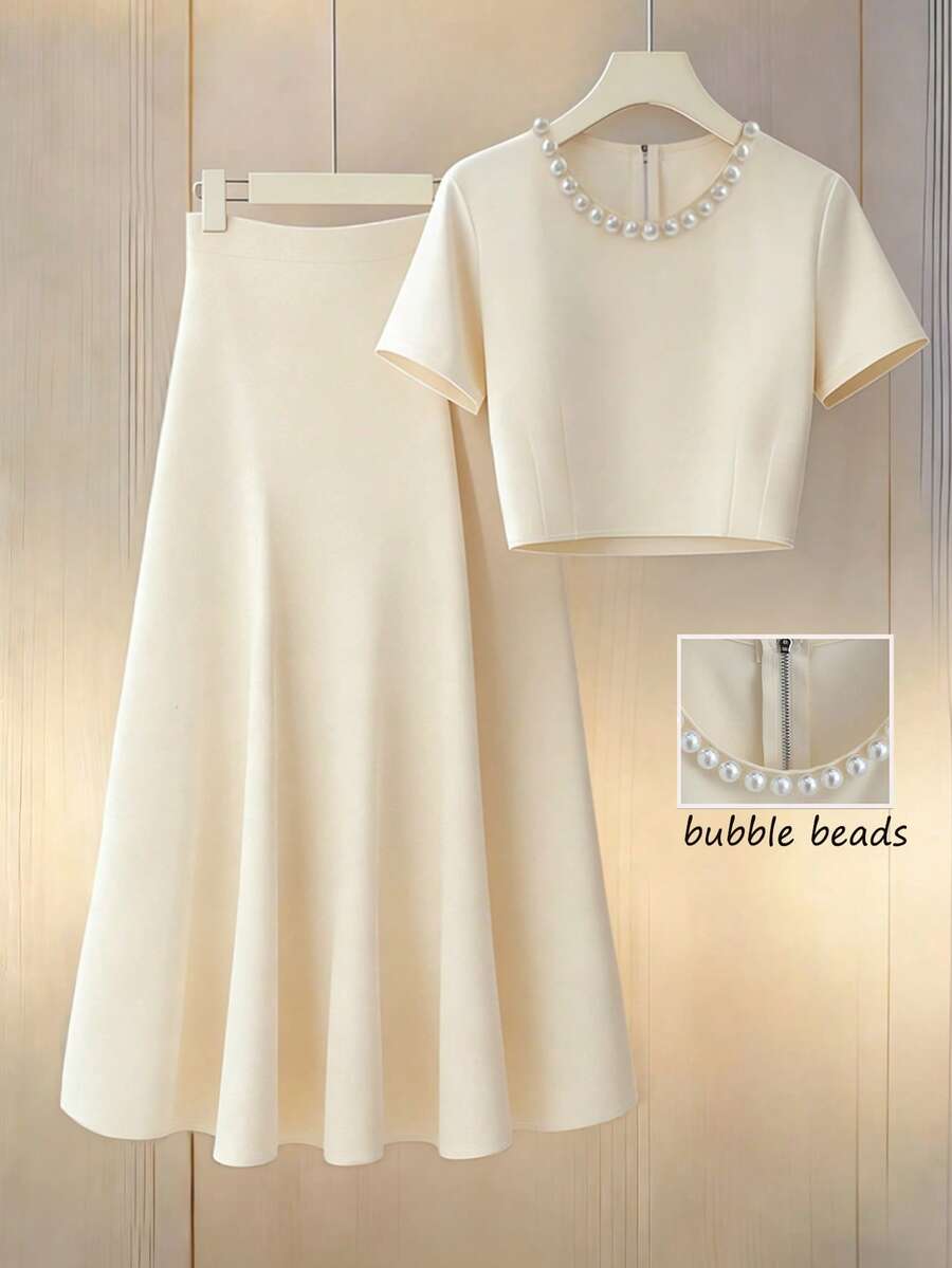 Franclia 2 Stücke/Set Französischer eleganter 3D-Perlen Kurzarm-Top und geschichteter Rock Set, Beige, Sommer Damen Outfit - Beige - Übersicht 1