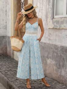 Brillora Women's White And Blue Floral Print Contrast Lace Wide Leg Jumpsuit,Summer Boho Vacation Holiday Beach Outfit,Casual Spring Style Jumpsuit - Blue and White - View 11
