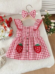 SHEIN 2件套女婴/幼儿夏季无袖水彩印花连衣裙和发带套装 - 紅色 - 查看 4