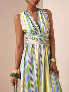 Zivah 2026春夏波西米亚风休闲度假彩色条纹深V领露背系带荷叶边A字连衣裙 - 彩色 - 查看 10