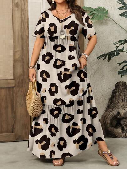EMERY ROSE Plus Size Women Casual Leopard Print Short Sleeve Dress, Suitable For Summer