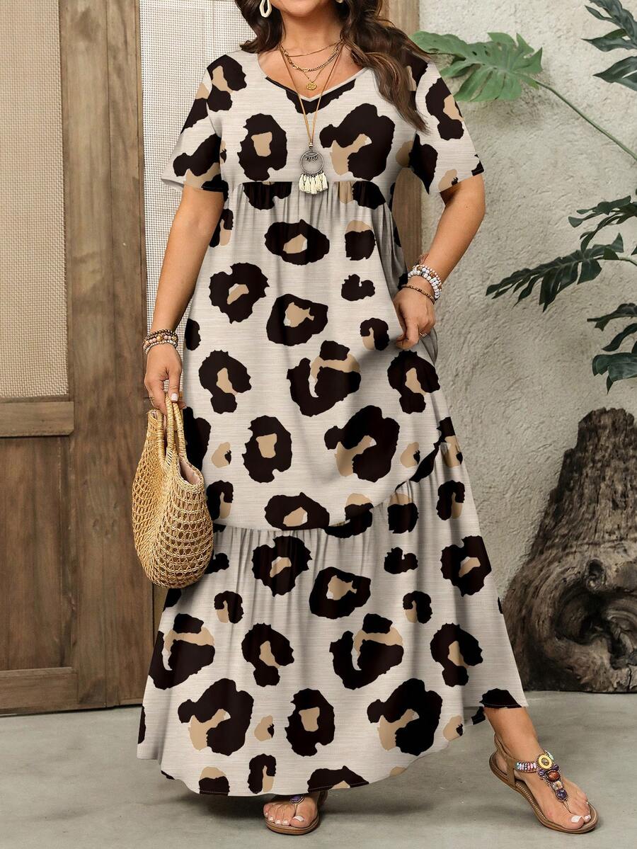 EMERY ROSE Gaun Lengan Pendek Kasual Motif Leopard Ukuran Besar untuk Wanita, Cocok untuk Musim Panas - MultiWarna - View 1