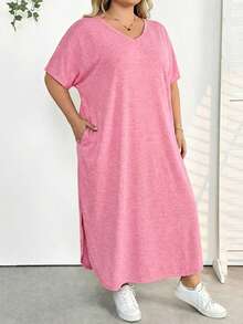 SHEIN CURVE+ 大码女装春夏新款时尚通勤休闲口袋设计分体睡袍 - 粉色 - 查看 5