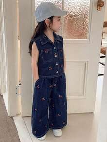 Dazy Kids Young Girls Sleeveless Dark Washed Denim Vest And Wide Leg Jeans Set Summer - Blue - View 6