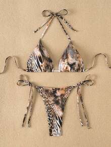 Swim SXY 2件套动物纹随机图案挂脖三角比基尼上衣和侧系带丁字裤性感女士泳装套装，春夏款 - 彩色 - 查看 5