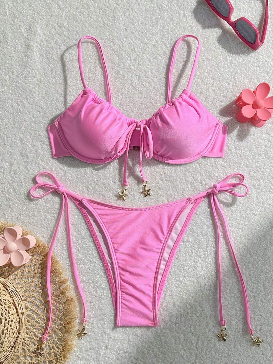 Swim Mod 2pcs/Set Spring Break Solid Color Spaghetti Strap Underwire Top And Side Knot Swim Shorts, Cute Women Summer Beach Bikini Set - Pink - View 1