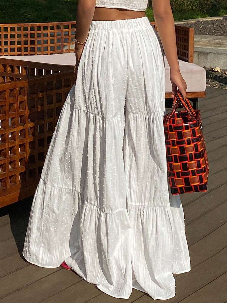 Women's Solid Color Textured Elastic Waist Wide Leg Pants, Elegant Resort Wear, Spring/Autumn