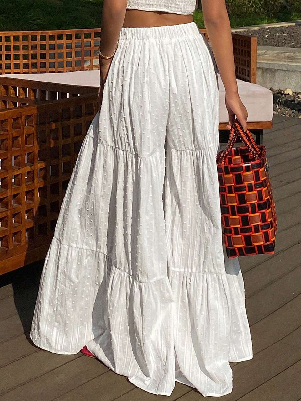 Women's Solid Color Textured Elastic Waist Wide Leg Pants, Elegant Resort Wear, Spring/Autumn