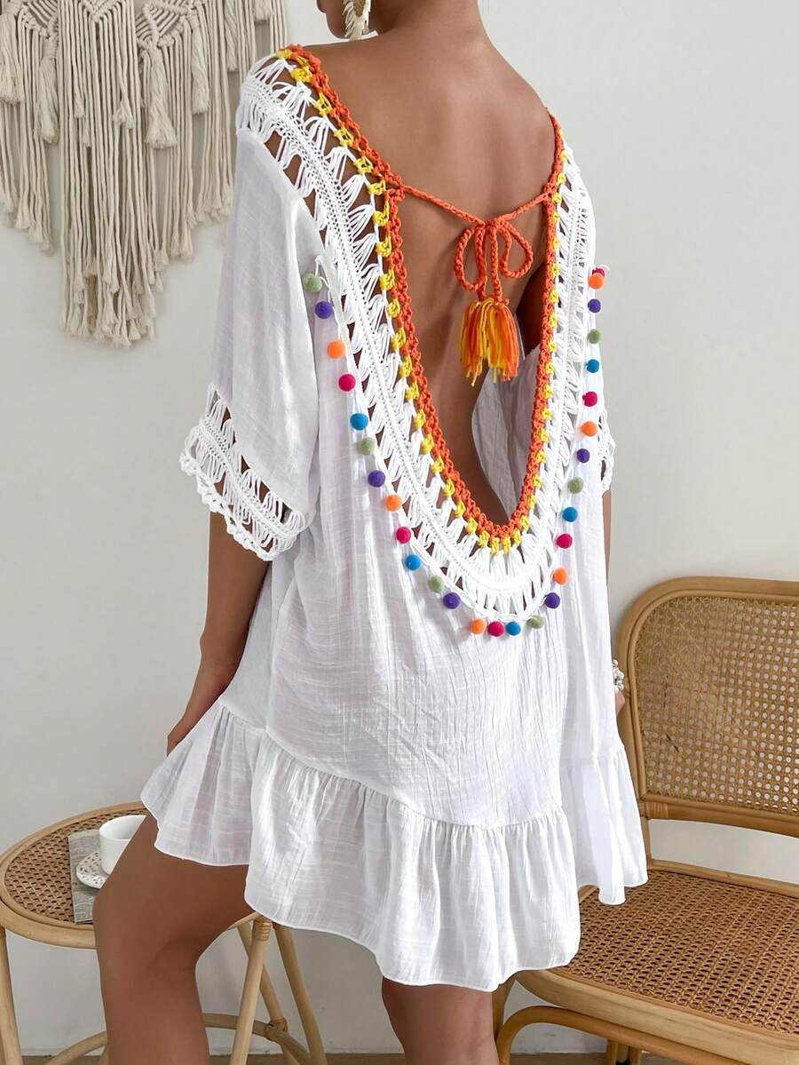 SHEIN Swim Vestido de cubrir con diseño de espalda descubierta y lazo con flores de ganchillo para vacaciones de mujer - Blanco - Ver 1