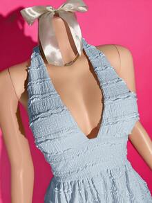 Slaydiva 2025 Summer New Style Vacation Elegant Sexy Apricot Deep V Backless Halter Neck Women Mini Dress, Suitable For Music Festival, Easter, Western Nomadism, Vacation, Beach, Seaside, Daily Outing, Birthday Party, Club, Graduation Season, Boho Style, Dating, Wedding Guest Clothing,Textured Fabric-B - Baby Blue - View 5