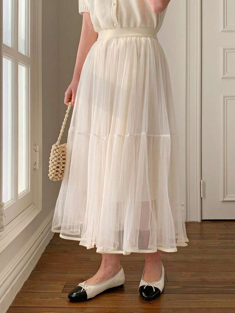 Women's Solid Color Elastic Waist Mesh Elegant A-Line Skirt Summer