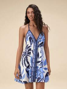 Travachic Women's Tropical Plant Print Backless Mini Dress, Vacation Style - Blue and White - View 4