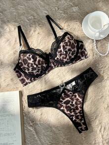 2件套豹纹蕾丝拼接女士内衣套装，性感文胸和内裤套装 - 彩色 - 查看 6