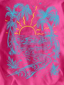 EMERY ROSE Women's Palm Tree Print Casual Round Neck Short Sleeve T-Shirt - Hot Pink - View 5