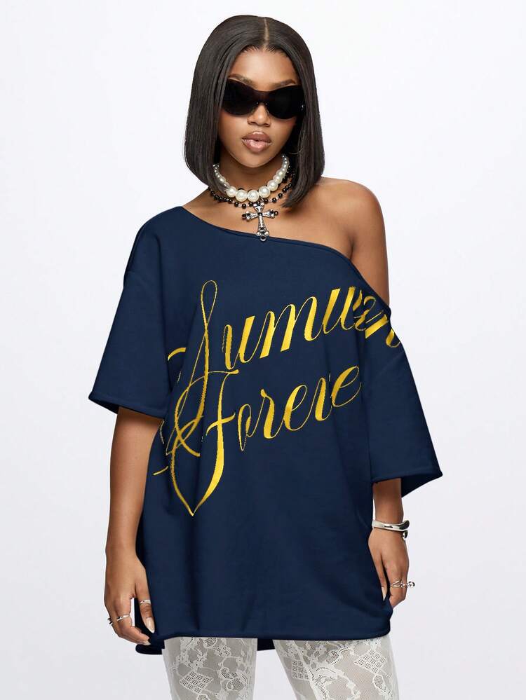 SUMWON WOMEN Off Shoulder Sweater Mini Dress With Script Print Navy Casual Oversized Tunic Style Fall Winter Comfort Wear