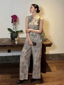 DAZY Women's Casual Floral Print Waist Belt Camisole And Wide Leg Pants 2 Pieces Set, Spring/Summer - Grey - View 4