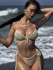 Swim SXY 2pcs/Set Women Hollow Cover-Ups Swimsuit, Sexy Beach Cover Up, Vacation Style For Summer - Apricot - View 1