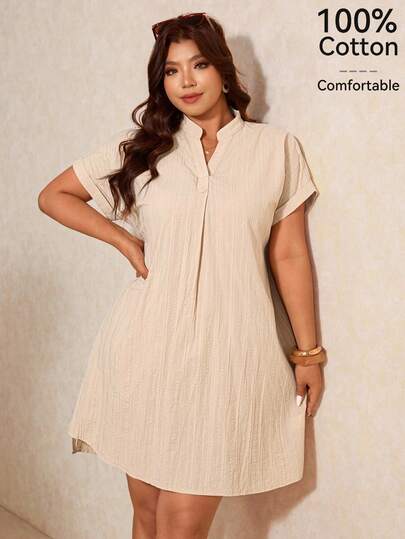 Elaquor 大码休闲纯色V领连衣裙，夏季