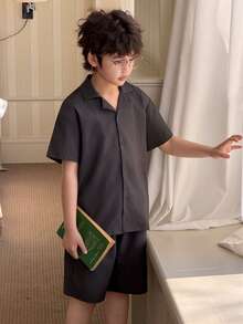 DAZY Conjunto de pijama de niño preadolescente con top de manga corta de un solo pecho y pantalones cortos de unicolor - Gris - Ver 4