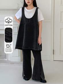 DAZY 2pcs/Set Tween Girls Denim Vest & Flare Jeans Outfit - Black - View 1