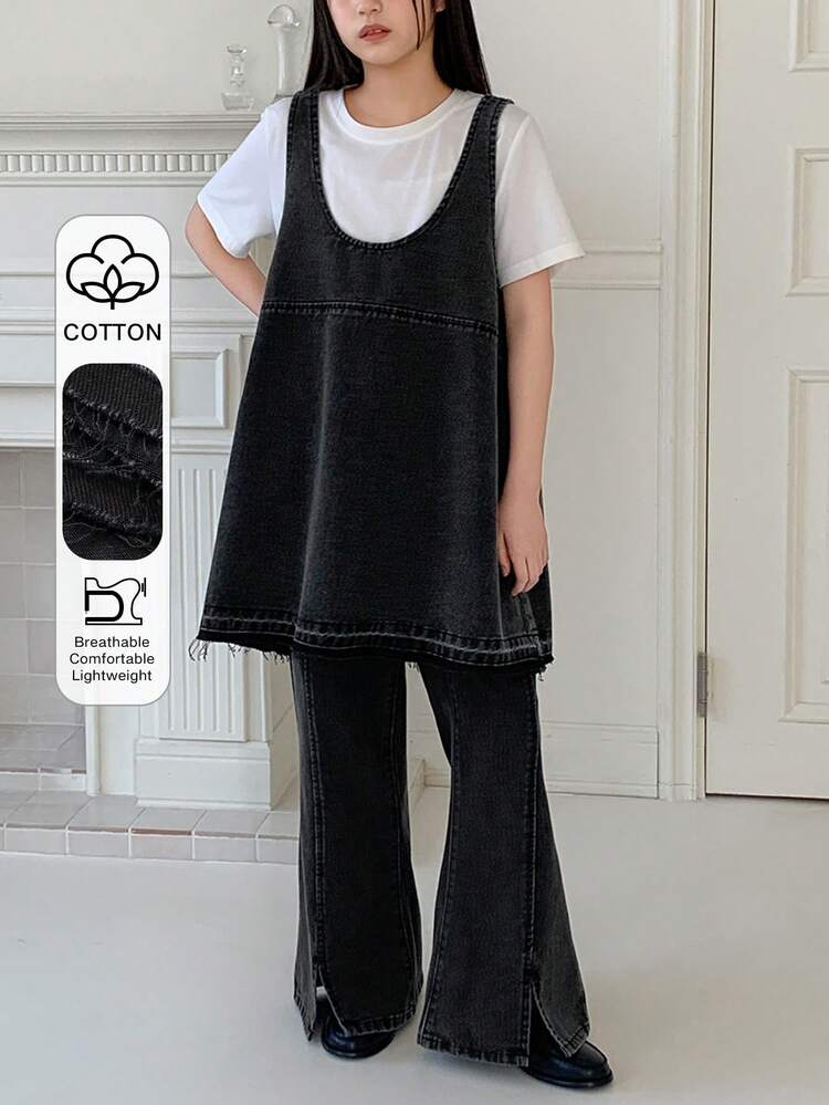 2pcs/Set Tween Girls Denim Vest & Flare Jeans Outfit