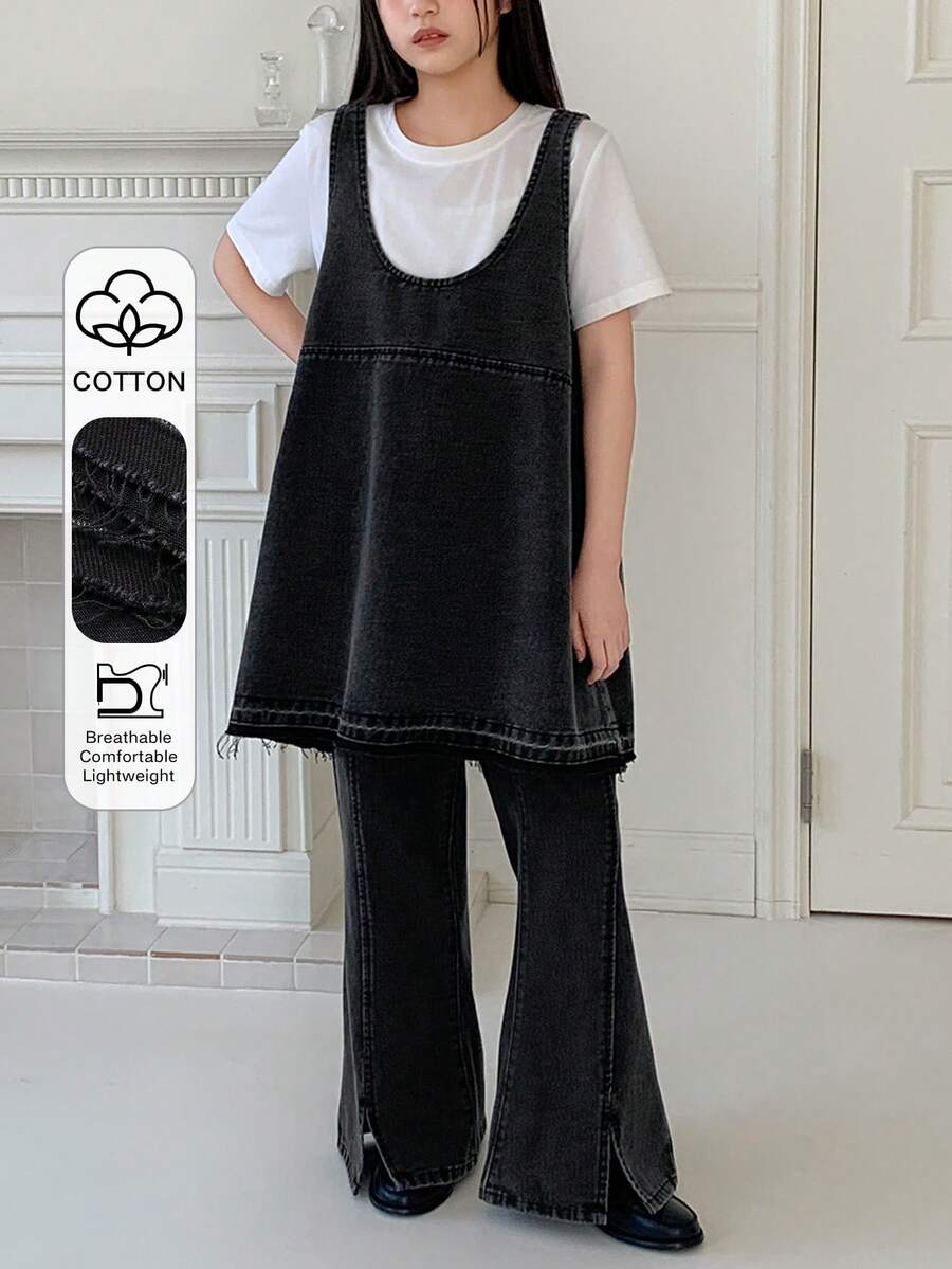 DAZY 2pcs/Set Tween Girls Denim Vest & Flare Jeans Outfit - Black - View 1