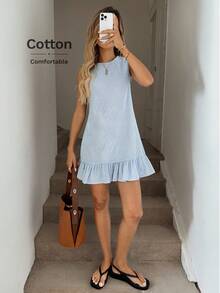 SHEIN PETITE CURVE 大码女式条纹荷叶边圆领休闲无袖连衣裙 - 藍白色 - 查看 5