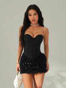 SHEIN PETITE 女士纯色抹胸拼接仿毛皮下摆修身时尚迷你连衣裙，女士派对礼服，女士圣诞派对礼服 - 黑色 - 查看 11