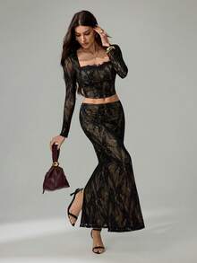 SHEIN Tall Women's New Party Date Evening Sexy Lace Long Sleeve Breast Cup Fishbone Square Neck Tight Black Top And Skirt Prom Dress, Carnival Costume Festival,Elegant Party - Black - View 12