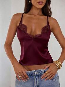Aloruh Women's Sexy Brown & Burgundy Lace Trim Camisole Vest For Spring/Summer,Summer Top - Chocolate Brown - View 4