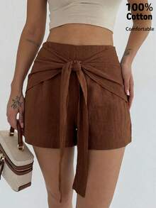 Firerie Women's Elegant Casual Everyday Commute Office Versatile Shorts, Brown Tie-Up Design Decoration Loose Straight Leg Shorts, Suitable For Vacation, Beach, Teacher , Daily Wear - Brown - View 3