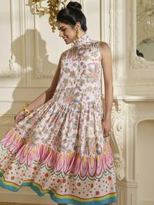 LOTSLUV Vestido Solto com Gola Babado, Estampa Abstrata Colorida de Coração para Mulheres - Multicolorido - Visão 6