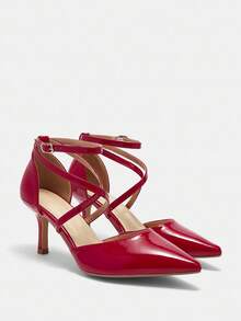 Bholvia Women's Cross Strap Pointed Toe Kitten Heel, Elegant, Patent Leather, Red, Pumps, Party Spring Shoes Summer Shoes - Red - View 9