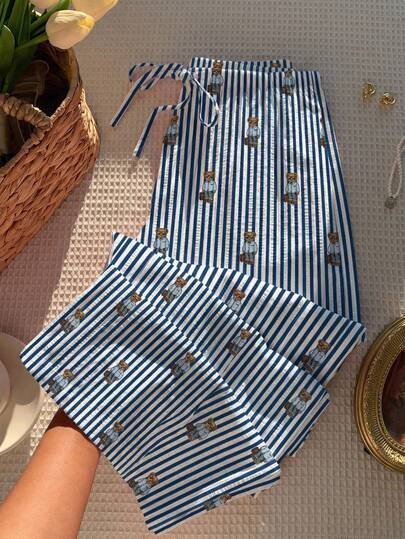 Comfortcana 女士休闲简约蓝色条纹小熊印花宽松阔腿修身直筒裤，适合春秋季、夏季居家、度假、派对、校园穿搭、运动赛事等场合。