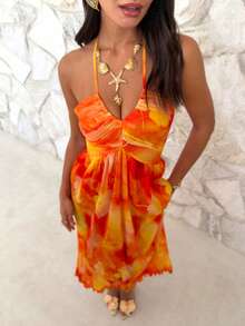 Firerie 女士扎染印花褶皱A字露背飘逸长裙，褶皱印花连衣裙，花卉度假A字连衣裙，V领系腰露背连衣裙，花卉连衣裙，性感露背系带沙滩裙，春夏服装，沙滩装，性感，度假，海滩，夏威夷，波西米亚风，度假，波西米亚风连衣裙 - 彩色 - 查看 6