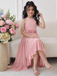 SHEIN Tween Girl Elegant Floral Decor Chiffon Snug Fit Dress, Spring/Summer Elegant  Wedding Outfits Dusty Pink Dress Tween Dress Easter Dress High Low Dress Flowy Dress - Pink - View 2