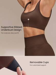 GLOWMODE Ultrafine Soft Seamless Square Neckline Removable Cups Ribbed Underbust Sports Bra & 4.3" Scrunch Butt Lifting Shorts Set Running Workout Gym - Brown - View 3