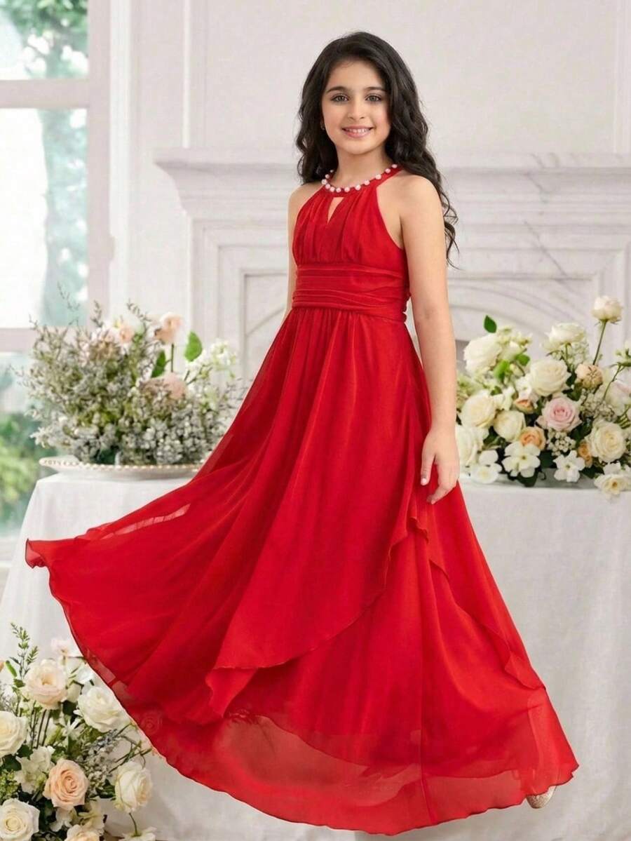 SHEIN Tween Girl Spring/Summer Elegant Beaded Chiffon Dress Red Tween Girl - Red - View 1