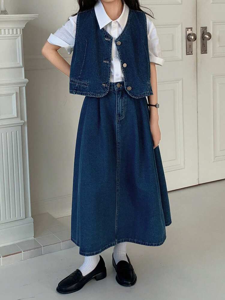 Girls Denim Sleeveless Vest And Denim Skirt 2-Piece Set, Fall Outfit